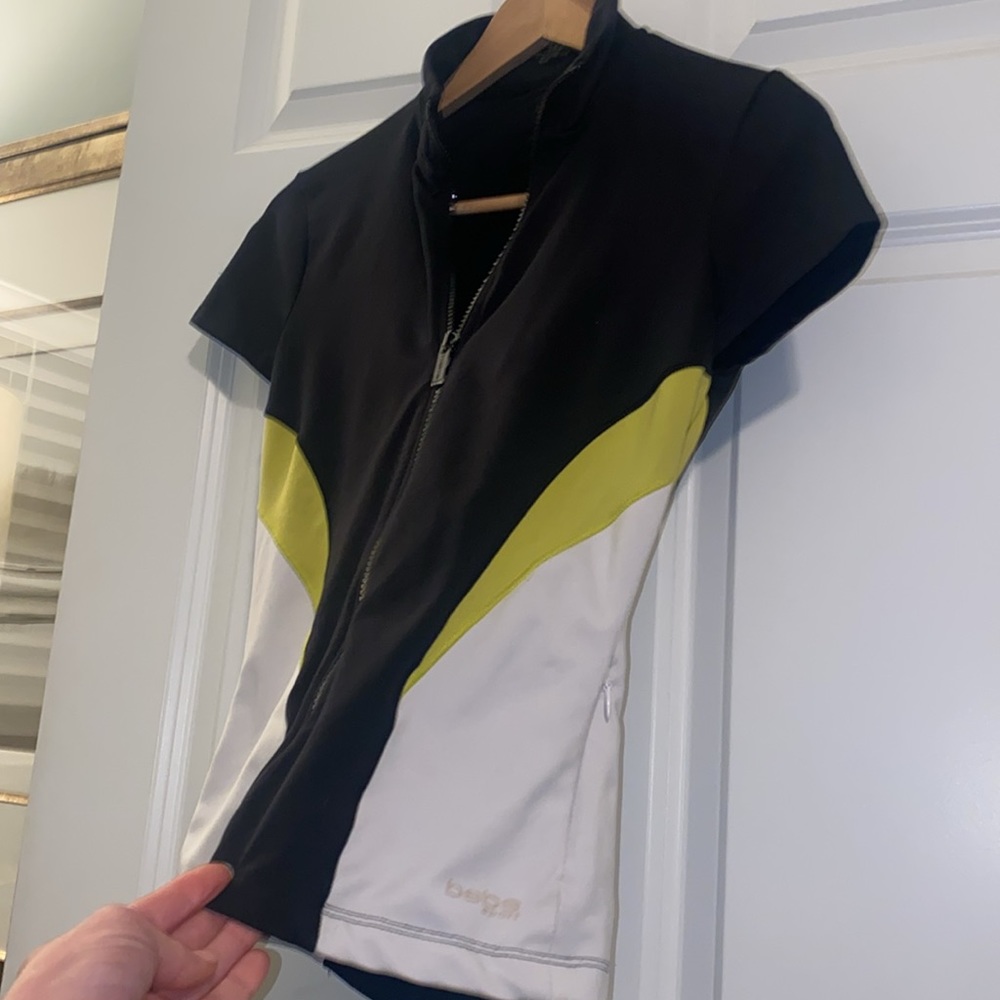 Bebe Sport cycling athletic workout shirt, full zip up short sleeve shirt Small